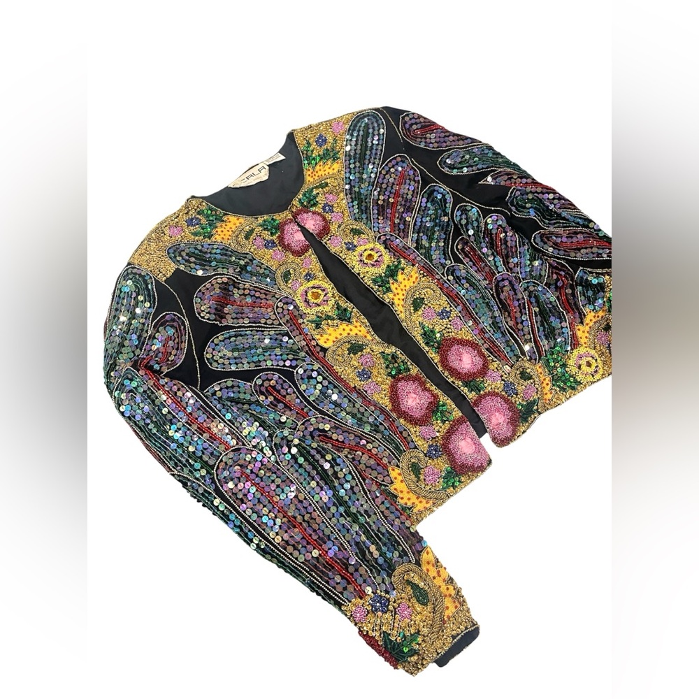 Scala Vintage Silk Sequin Beaded Embroidered Matador Bolero Jacket Colorful Boho - Picture 4 of 12